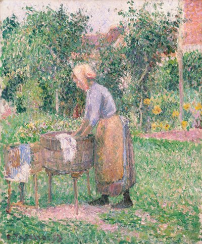 Een wasvrouw in Éragny door Camille Jacob Pissarro